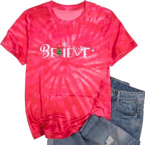 Christmas Believe Tree Shirt Cute Short Sleeve Christmas Graphic Tee Shirts Tops for Women Christmas Shirts