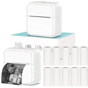 Mini Pocket Printer for iPhone/Android, Portable Mini Sticker Printer with 10 Rolls Non-Sticky Thermal Papers, Blue-Tooth Thermal Mini Printer for Journal Memo Notes Photo Study, White