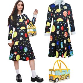 Women Long Sleeve Peter Pan Collar Long Sleeve Dress with School Bus Bag for Halloween Cosplay Party.