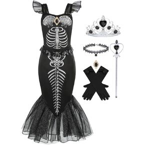 Girls Mermaid Skeleton Costume Kids Ariel Princess Black Dress Halloween Cosplay Outfits with Accessories