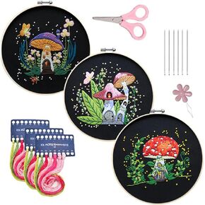 Meecaa 3 Pieces Jellyfish Flower Embroidery Kit Starter Set, Hand Embroidery Set,Pattern Printed Cross Stitch Set for Beginner Adults, with Embroidery Hoop and Instructions (Jellyfish)