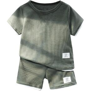 Verdusa Toddler Boy's 2 Piece Sets Casual Outfits Short Sleeve Waffle Knit Tops and Shorts Sets