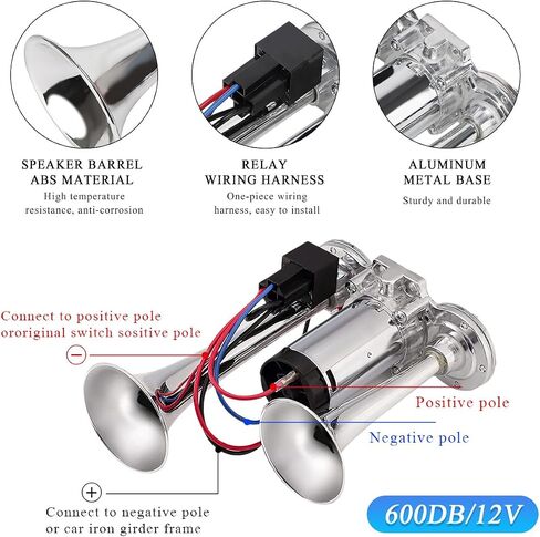 12V Car Air Horn, 600DB Super Loud Dual Trumpet Air Horn Kit, Dual Electric Air Horns Kit with Compressor for Vehicle, Truck, Motorcycle, Universal Car Accessories (Silver) in Saudi Arabia