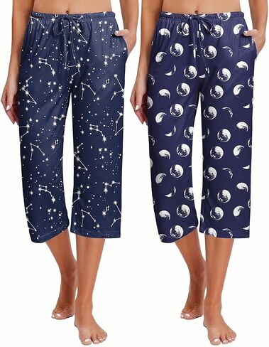 Ekouaer 2 Pack Women's Capri Pajama Pants Printed Drawstring Comfy Pj Bottoms With Pockets in Saudi Arabia