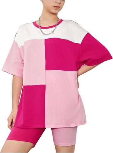 Girl's 2 Piece Outfits Color Block Drop Shoulder Short Sleeve Tee Shirt and Biker Shorts Set in Saudi Arabia