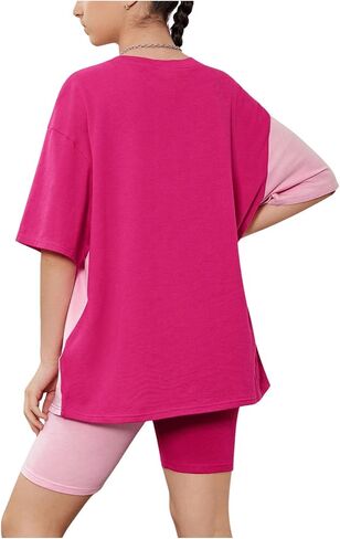 Girl's 2 Piece Outfits Color Block Drop Shoulder Short Sleeve Tee Shirt and Biker Shorts Set in Saudi Arabia