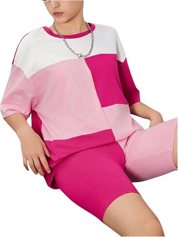 Girl's 2 Piece Outfits Color Block Drop Shoulder Short Sleeve Tee Shirt and Biker Shorts Set in Saudi Arabia
