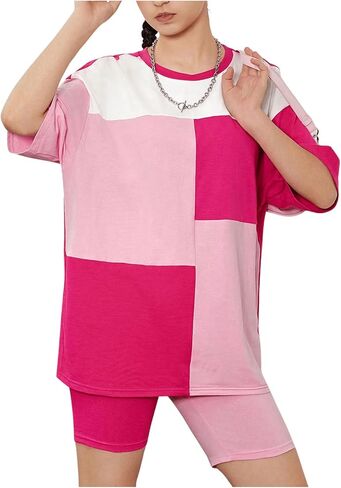 Girl's 2 Piece Outfits Color Block Drop Shoulder Short Sleeve Tee Shirt and Biker Shorts Set in Saudi Arabia