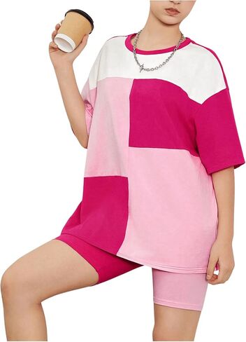 Girl's 2 Piece Outfits Color Block Drop Shoulder Short Sleeve Tee Shirt and Biker Shorts Set in Saudi Arabia