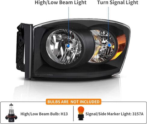 DWVO Headlight Assembly Compatible with 2006-2008 Dodge Ram 1500/06-09 Dodge Ram 2500 3500 Pickup Replacement Headlamp Driving Light Black Housing Amber Reflector Clear Lens in Saudi Arabia