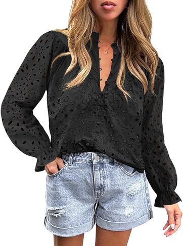 ZESICA Women's Casual Blouse Tops Puff Long Sleeve Button V Neck Hollow Out Eyelet Lace Embroidered 2024 Shirt Dressy in Saudi Arabia