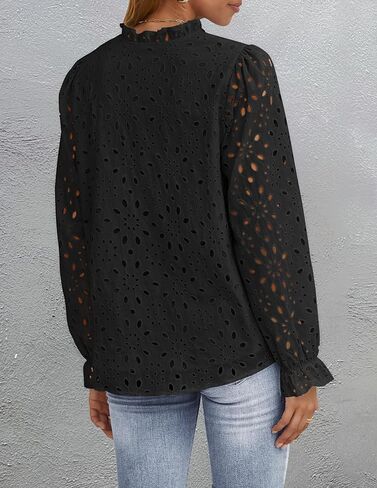 ZESICA Women's Casual Blouse Tops Puff Long Sleeve Button V Neck Hollow Out Eyelet Lace Embroidered 2024 Shirt Dressy in Saudi Arabia