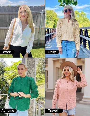 ZESICA Women's Casual Blouse Tops Puff Long Sleeve Button V Neck Hollow Out Eyelet Lace Embroidered 2024 Shirt Dressy in Saudi Arabia