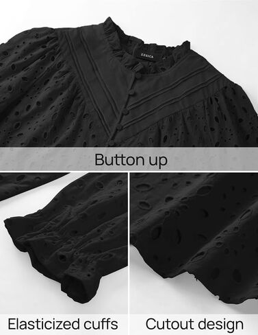 ZESICA Women's Casual Blouse Tops Puff Long Sleeve Button V Neck Hollow Out Eyelet Lace Embroidered 2024 Shirt Dressy in Saudi Arabia