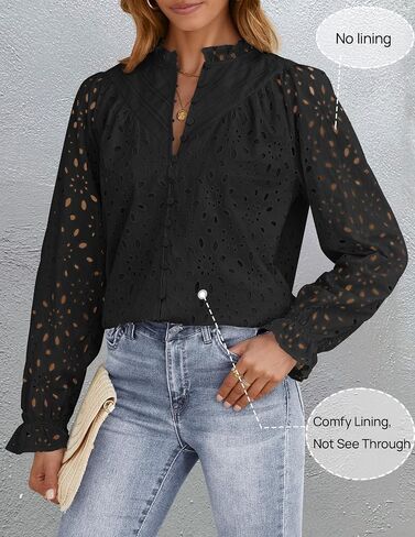 ZESICA Women's Casual Blouse Tops Puff Long Sleeve Button V Neck Hollow Out Eyelet Lace Embroidered 2024 Shirt Dressy in Saudi Arabia