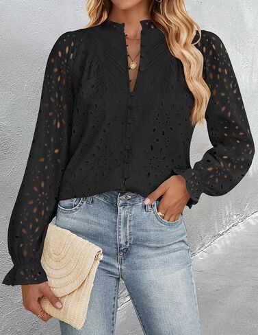 ZESICA Women's Casual Blouse Tops Puff Long Sleeve Button V Neck Hollow Out Eyelet Lace Embroidered 2024 Shirt Dressy in Saudi Arabia
