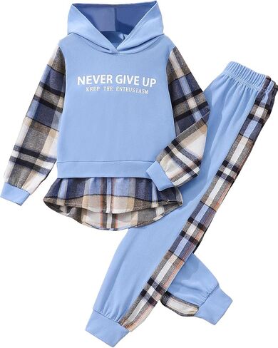 طقم ملابس منقوشة للفتيات من Hilinker مكونة من قطعتين مع قلنسوة وسراويل رياضية ملونة in Kuwait