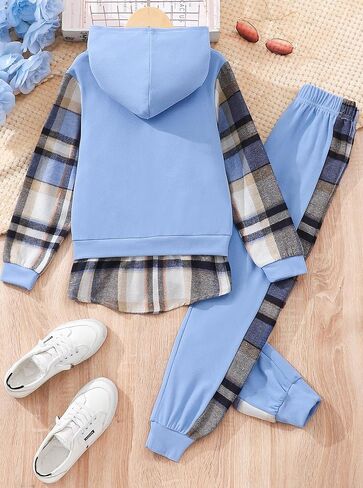 طقم ملابس منقوشة للفتيات من Hilinker مكونة من قطعتين مع قلنسوة وسراويل رياضية ملونة in Kuwait