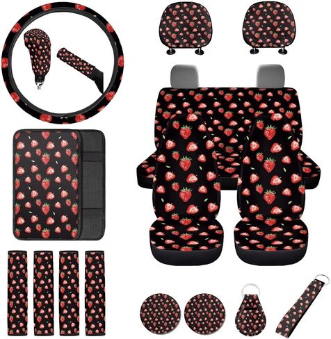 18Pcs Strawberry Car Seat Cover Set Split Covers with Steering Wheel Cover,Headrest Cover Car Cup Holder Coasters,Seat Belt Covers Armrest Cover Protector Handbrake Cover and Key Chain in Saudi Arabia