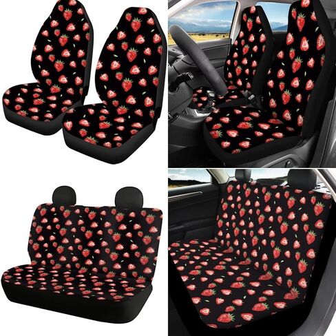 18Pcs Strawberry Car Seat Cover Set Split Covers with Steering Wheel Cover,Headrest Cover Car Cup Holder Coasters,Seat Belt Covers Armrest Cover Protector Handbrake Cover and Key Chain in Saudi Arabia
