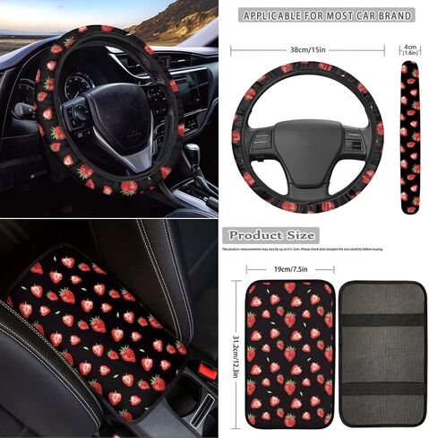 18Pcs Strawberry Car Seat Cover Set Split Covers with Steering Wheel Cover,Headrest Cover Car Cup Holder Coasters,Seat Belt Covers Armrest Cover Protector Handbrake Cover and Key Chain in Saudi Arabia