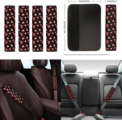 18Pcs Strawberry Car Seat Cover Set Split Covers with Steering Wheel Cover,Headrest Cover Car Cup Holder Coasters,Seat Belt Covers Armrest Cover Protector Handbrake Cover and Key Chain in Saudi Arabia