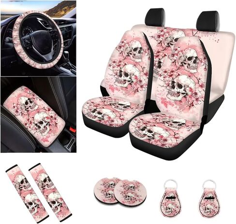 Skull Cherry Blossom Printed Car Seat Cover Full Set, 12 Pieces, includes Front Rear Seat Cover Steering Wheel Cover Car Armrest Pad Covers Seat Belt Pads Lipstick Holder Keychain in Saudi Arabia