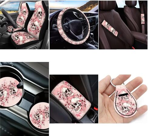 Skull Cherry Blossom Printed Car Seat Cover Full Set, 12 Pieces, includes Front Rear Seat Cover Steering Wheel Cover Car Armrest Pad Covers Seat Belt Pads Lipstick Holder Keychain in Saudi Arabia