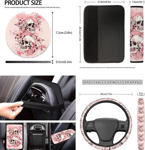 Skull Cherry Blossom Printed Car Seat Cover Full Set, 12 Pieces, includes Front Rear Seat Cover Steering Wheel Cover Car Armrest Pad Covers Seat Belt Pads Lipstick Holder Keychain in Saudi Arabia
