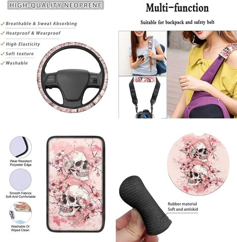 Skull Cherry Blossom Printed Car Seat Cover Full Set, 12 Pieces, includes Front Rear Seat Cover Steering Wheel Cover Car Armrest Pad Covers Seat Belt Pads Lipstick Holder Keychain in Saudi Arabia