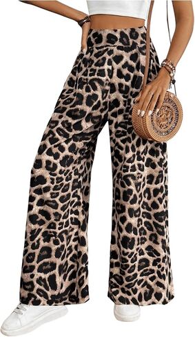 بنطال SweatyRocks النسائي بطبعة جلد الفهد عالي الخصر وواسع الساق، بنطال طويل كاجوال in Kuwait