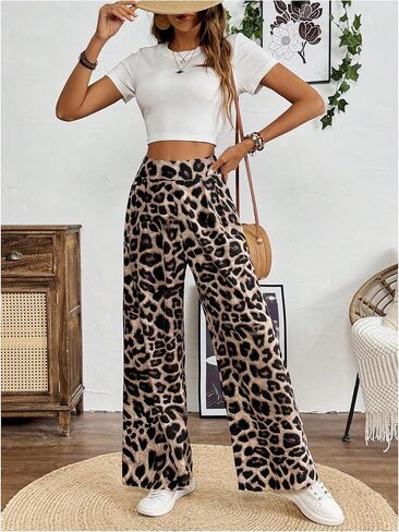 بنطال SweatyRocks النسائي بطبعة جلد الفهد عالي الخصر وواسع الساق، بنطال طويل كاجوال in Kuwait
