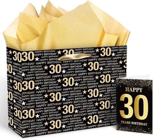 RUMIA Black Gold 30th Birthday Gift Set - Gift Bag, Tissue Paper, Greeting Card & Wrapping Paper for Birthday Party Supplies in Kuwait