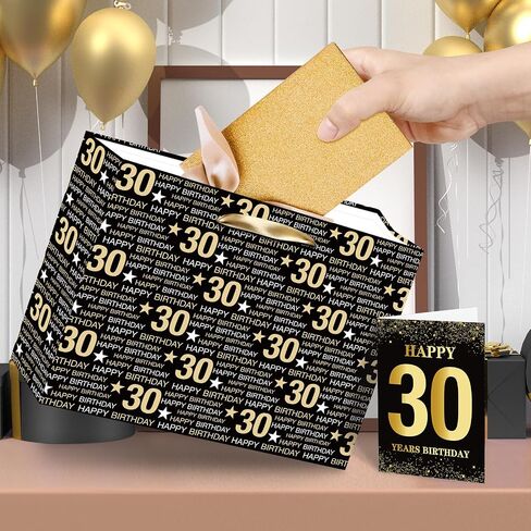 RUMIA Black Gold 30th Birthday Gift Set - Gift Bag, Tissue Paper, Greeting Card & Wrapping Paper for Birthday Party Supplies in Kuwait