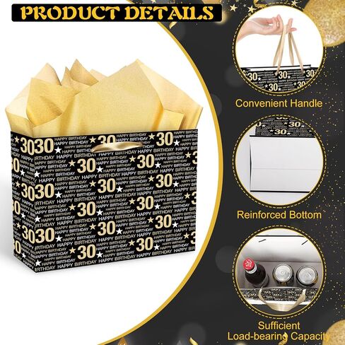 RUMIA Black Gold 30th Birthday Gift Set - Gift Bag, Tissue Paper, Greeting Card & Wrapping Paper for Birthday Party Supplies in Kuwait