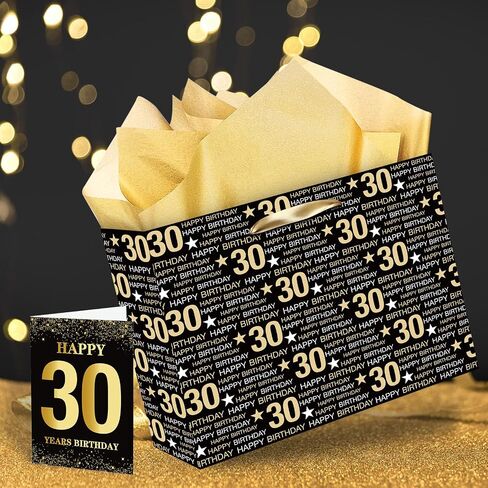 RUMIA Black Gold 30th Birthday Gift Set - Gift Bag, Tissue Paper, Greeting Card & Wrapping Paper for Birthday Party Supplies in Kuwait