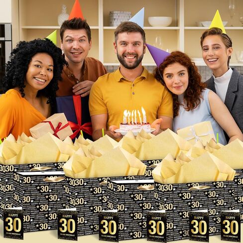 RUMIA Black Gold 30th Birthday Gift Set - Gift Bag, Tissue Paper, Greeting Card & Wrapping Paper for Birthday Party Supplies in Kuwait