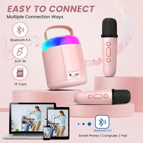 Mini Karaoke Machine for Kids Adults with 2 Microphones, Portable Bluetooth Speaker Kids Karaoke Machines for Girls with LED Party Lights, Karaoke Toys Birthday Gifts for Girls and Boys (Pink) in Saudi Arabia