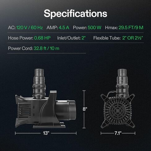 VIVOSUN 8190 GPH Submersible Water Pump, 500W Pond Pump, Ultra Quiet Aquarium Pump with 29.5FT Lift Height for Pond, Waterfall, Fish Tank, Statuary, Hydroponic in Saudi Arabia