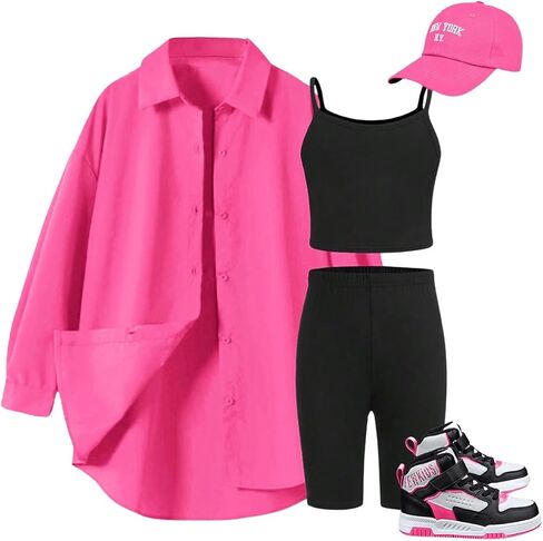 Floerns Girl's 3 Piece Outfit Solid Cami and Biker Shorts Set with Collared Shirts in Saudi Arabia
