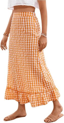 SHENHE Women's Gingham Skirt Ruffle Hem A Line Long Skirt High Waist Plaid Maxi Skirt in Saudi Arabia