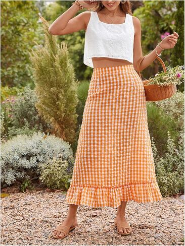 SHENHE Women's Gingham Skirt Ruffle Hem A Line Long Skirt High Waist Plaid Maxi Skirt in Saudi Arabia