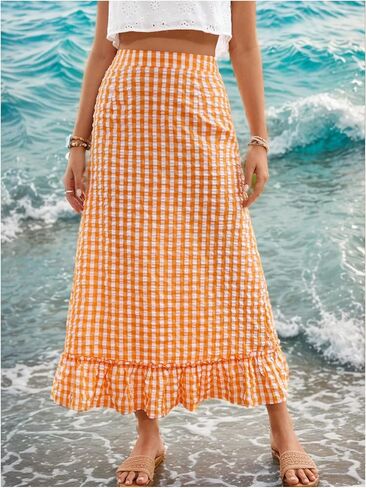 SHENHE Women's Gingham Skirt Ruffle Hem A Line Long Skirt High Waist Plaid Maxi Skirt in Saudi Arabia