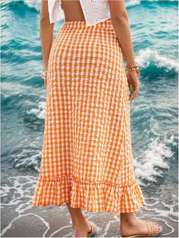 SHENHE Women's Gingham Skirt Ruffle Hem A Line Long Skirt High Waist Plaid Maxi Skirt in Saudi Arabia