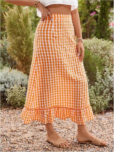 SHENHE Women's Gingham Skirt Ruffle Hem A Line Long Skirt High Waist Plaid Maxi Skirt in Saudi Arabia