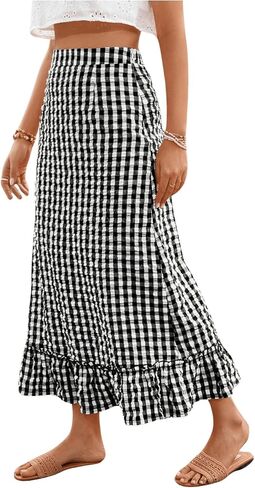 SHENHE Women's Gingham Skirt Ruffle Hem A Line Long Skirt High Waist Plaid Maxi Skirt in Saudi Arabia