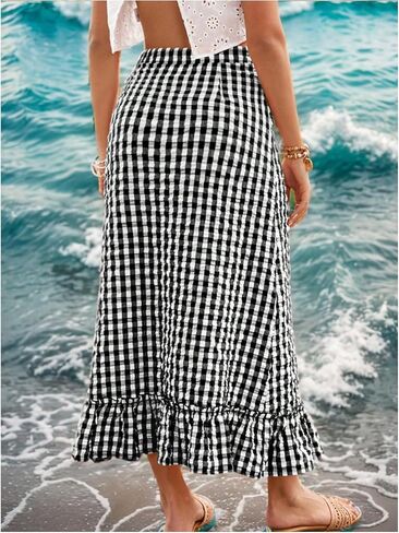 SHENHE Women's Gingham Skirt Ruffle Hem A Line Long Skirt High Waist Plaid Maxi Skirt in Saudi Arabia