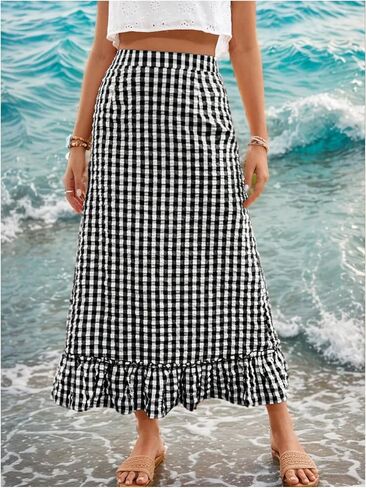 SHENHE Women's Gingham Skirt Ruffle Hem A Line Long Skirt High Waist Plaid Maxi Skirt in Saudi Arabia