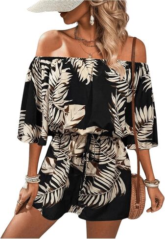 SHENHE Women's Off Shoulder Flutter Sleeve Boho Tropical Romper Short Jumpsuit Playsuit in Saudi Arabia