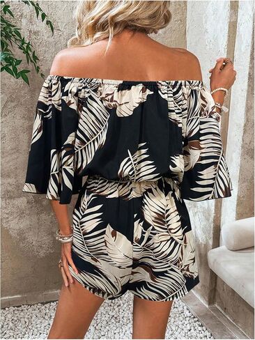SHENHE Women's Off Shoulder Flutter Sleeve Boho Tropical Romper Short Jumpsuit Playsuit in Saudi Arabia